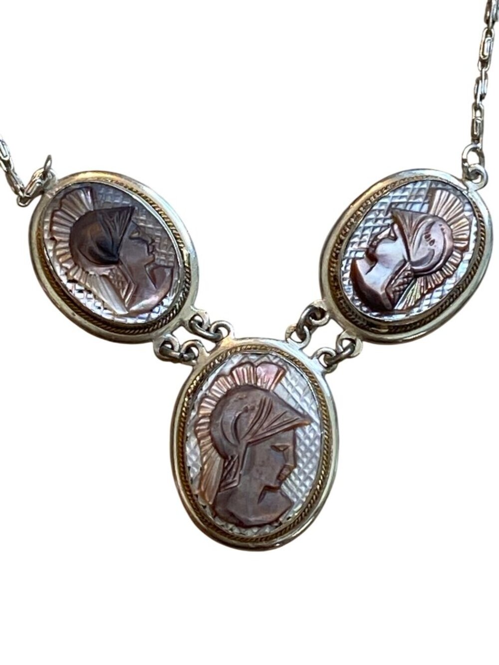 Victorian 800 Silver Shell Cameo Necklace and Bracelet Set With Mother Of Pearl